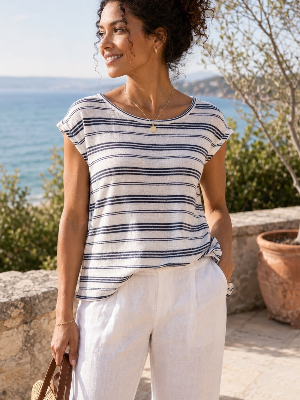 Joie 100% Linen Striped Cap Sleeve Top XS White Navy Lightweight Tee